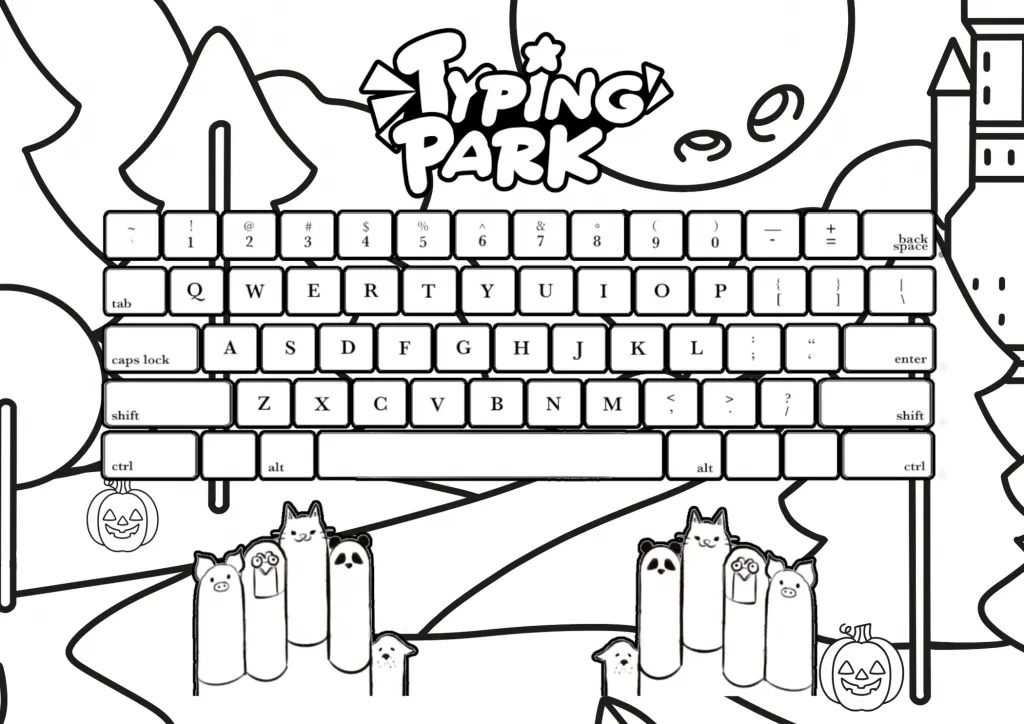 Keyboard coloring page with a sunny background and a Mac keyboard.