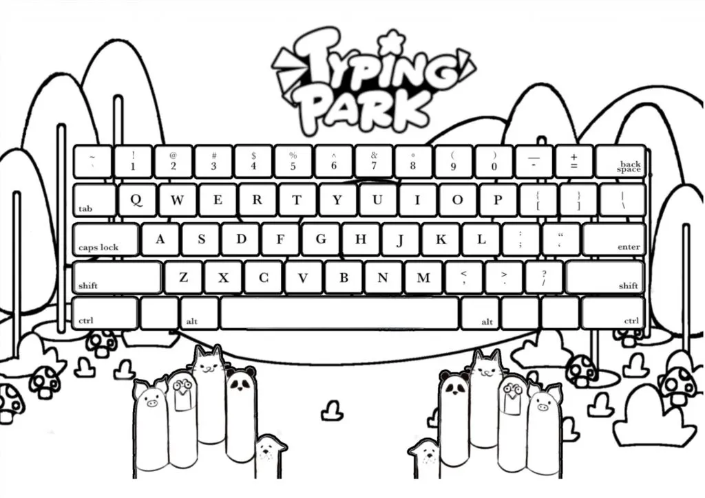 Keyboard coloring page with a country background and a Mac keyboard.