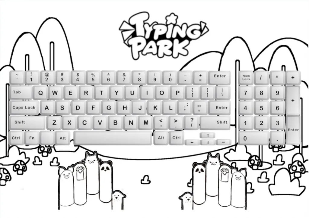 Keyboard coloring page with a sunny background and a PC keyboard.