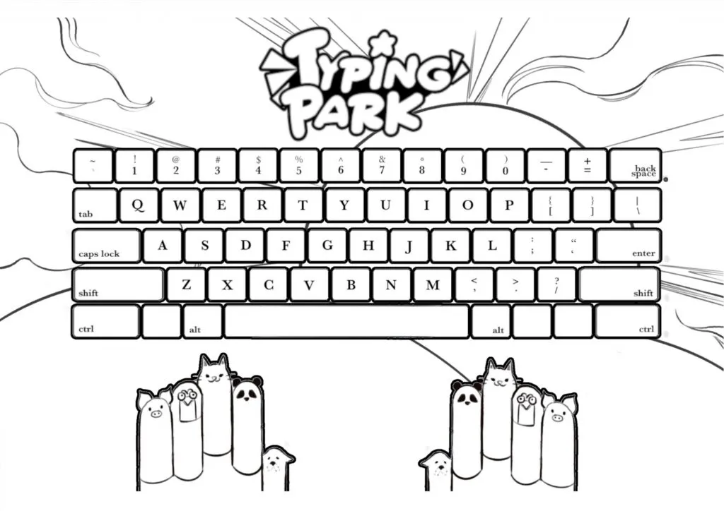 Keyboard coloring page with a sunny background and a Mac keyboard.