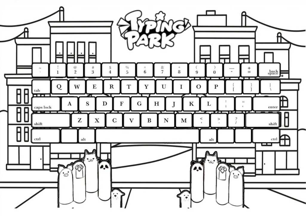 Keyboard coloring page with a town background and a Mac keyboard.