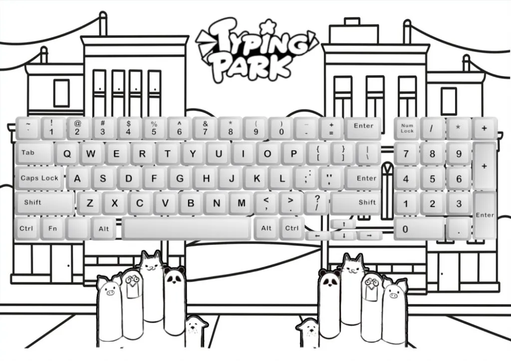 Keyboard coloring page with a town background and a PC keyboard.